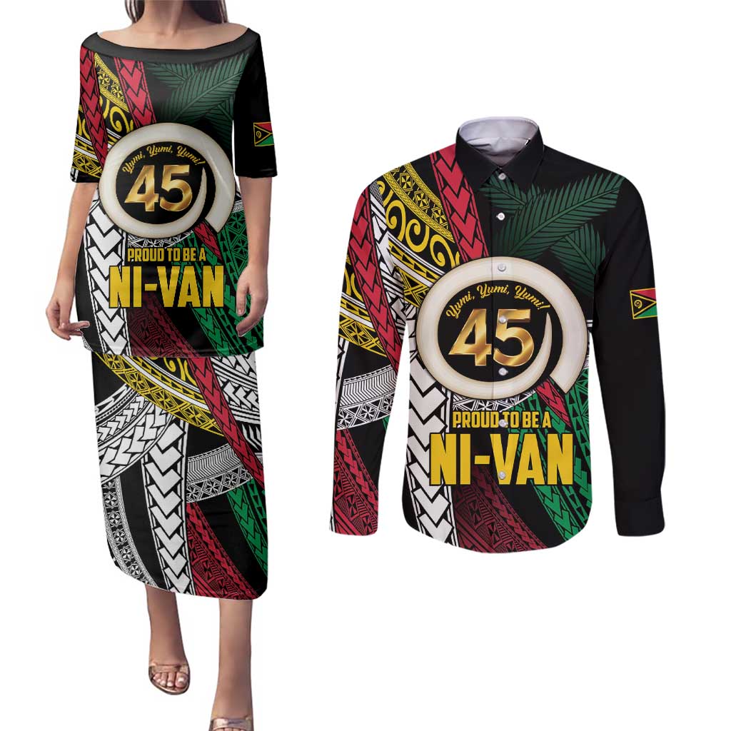 Ni-Van Vanuatu 45th Yumi Yumi Yumi Couples Matching Puletasi and Long Sleeve Button Shirt Vanuatuan Boar Tusk Polynesian Pattern LT9 Black - Polynesian Pride