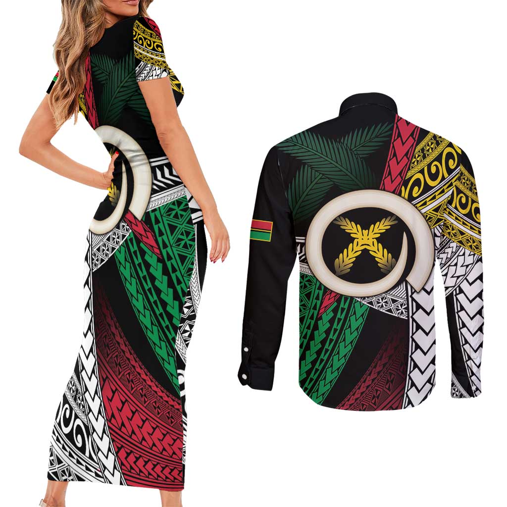 Ni-Van Vanuatu 45th Yumi Yumi Yumi Couples Matching Short Sleeve Bodycon Dress and Long Sleeve Button Shirt Vanuatuan Boar Tusk Polynesian Pattern LT9 - Polynesian Pride
