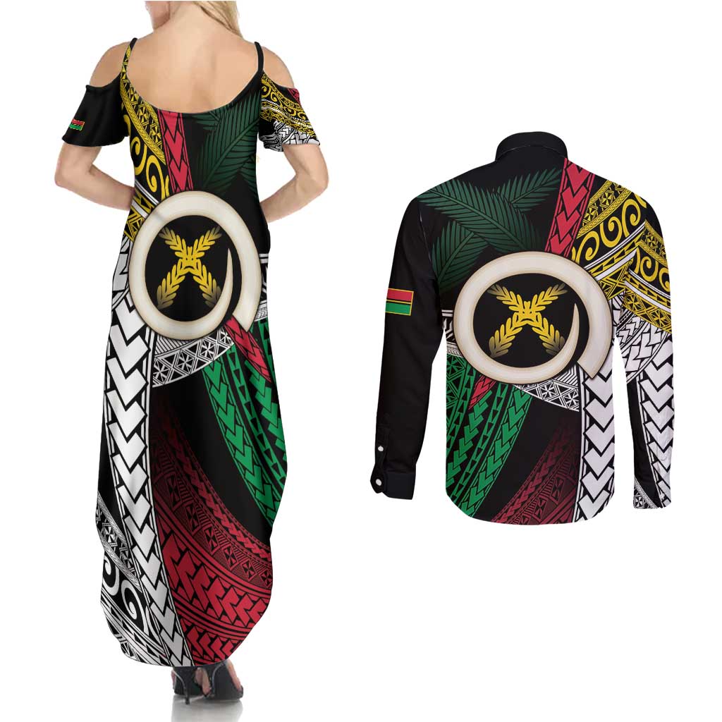 Ni-Van Vanuatu 45th Yumi Yumi Yumi Couples Matching Summer Maxi Dress and Long Sleeve Button Shirt Vanuatuan Boar Tusk Polynesian Pattern LT9 - Polynesian Pride