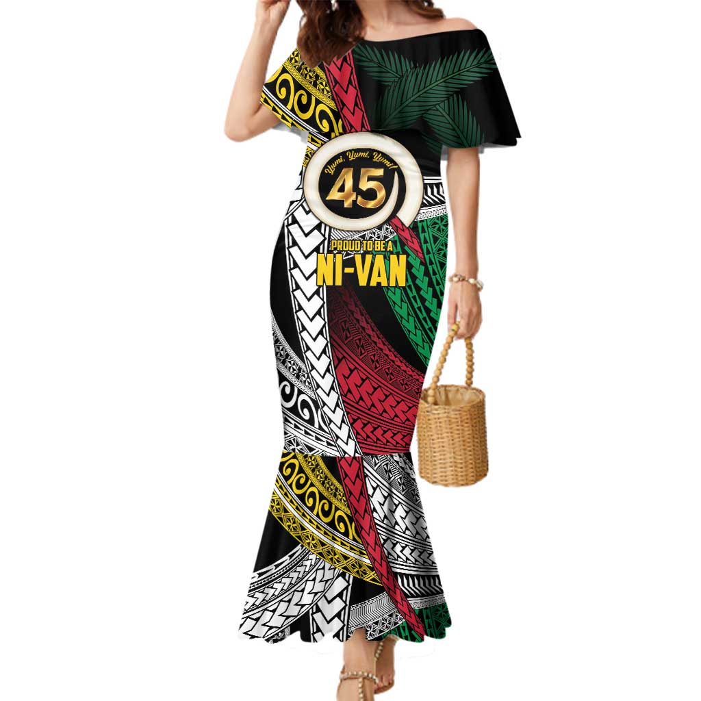 Ni-Van Vanuatu 45th Yumi Yumi Yumi Family Matching Mermaid Dress and Hawaiian Shirt Vanuatuan Boar Tusk Polynesian Pattern LT9 Mom's Dress Black - Polynesian Pride