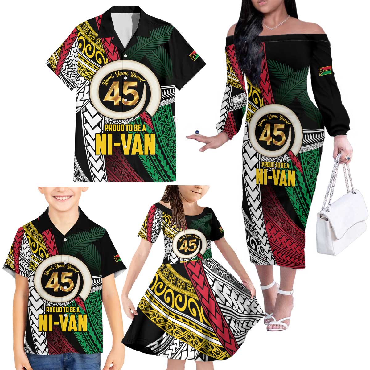 Ni-Van Vanuatu 45th Yumi Yumi Yumi Family Matching Off The Shoulder Long Sleeve Dress and Hawaiian Shirt Vanuatuan Boar Tusk Polynesian Pattern LT9 - Polynesian Pride
