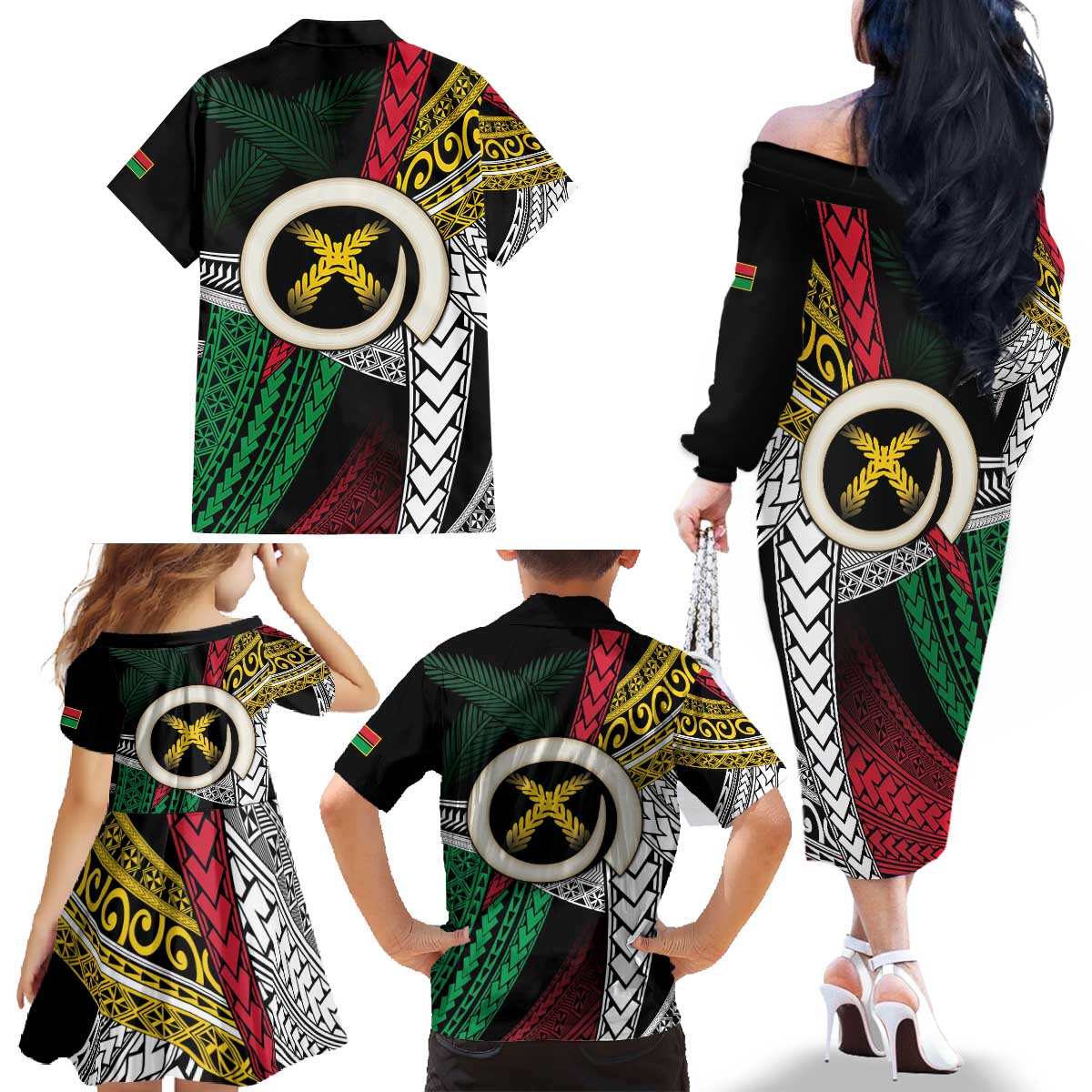 Ni-Van Vanuatu 45th Yumi Yumi Yumi Family Matching Off The Shoulder Long Sleeve Dress and Hawaiian Shirt Vanuatuan Boar Tusk Polynesian Pattern LT9 - Polynesian Pride