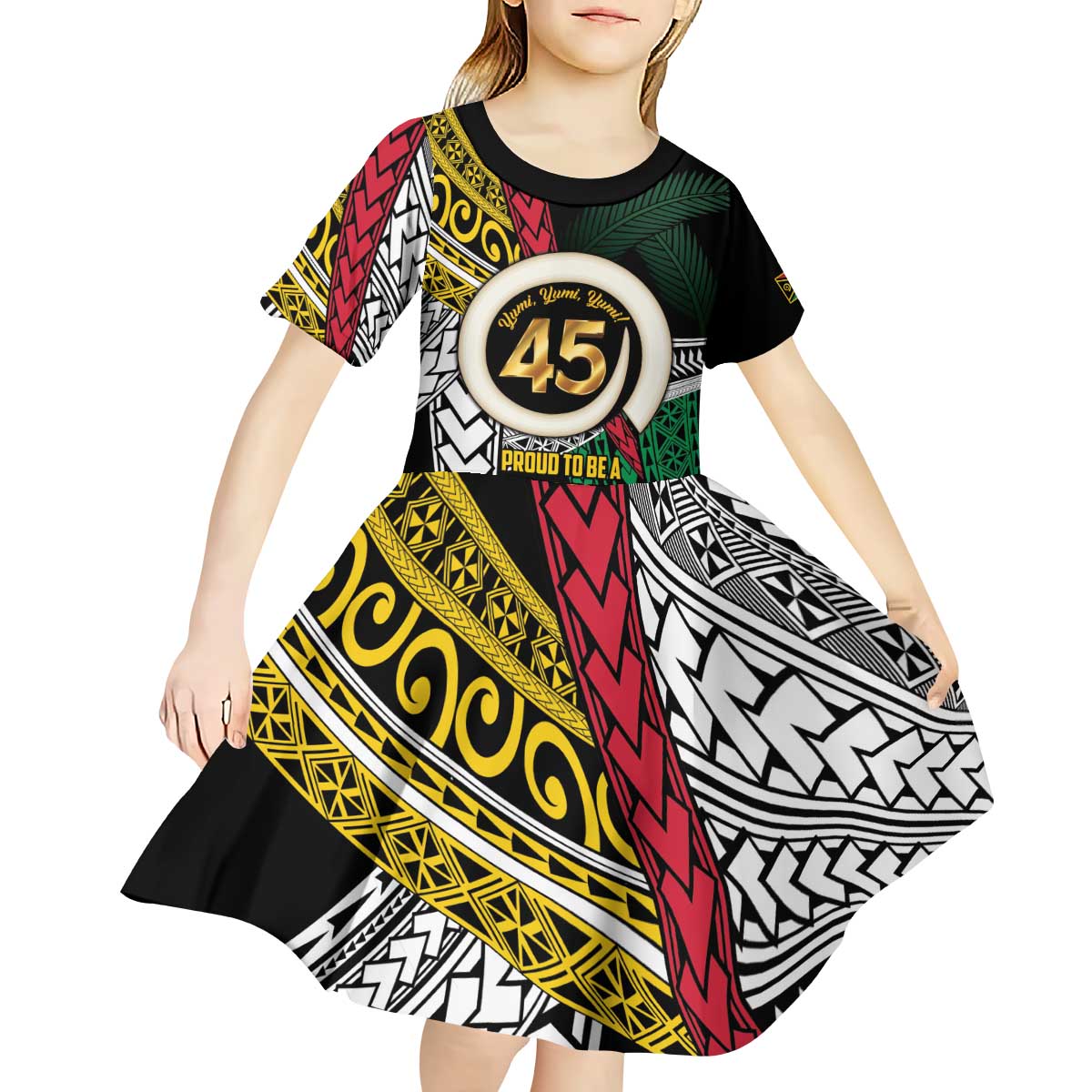 Ni-Van Vanuatu 45th Yumi Yumi Yumi Kid Short Sleeve Dress Vanuatuan Boar Tusk Polynesian Pattern LT9 - Polynesian Pride