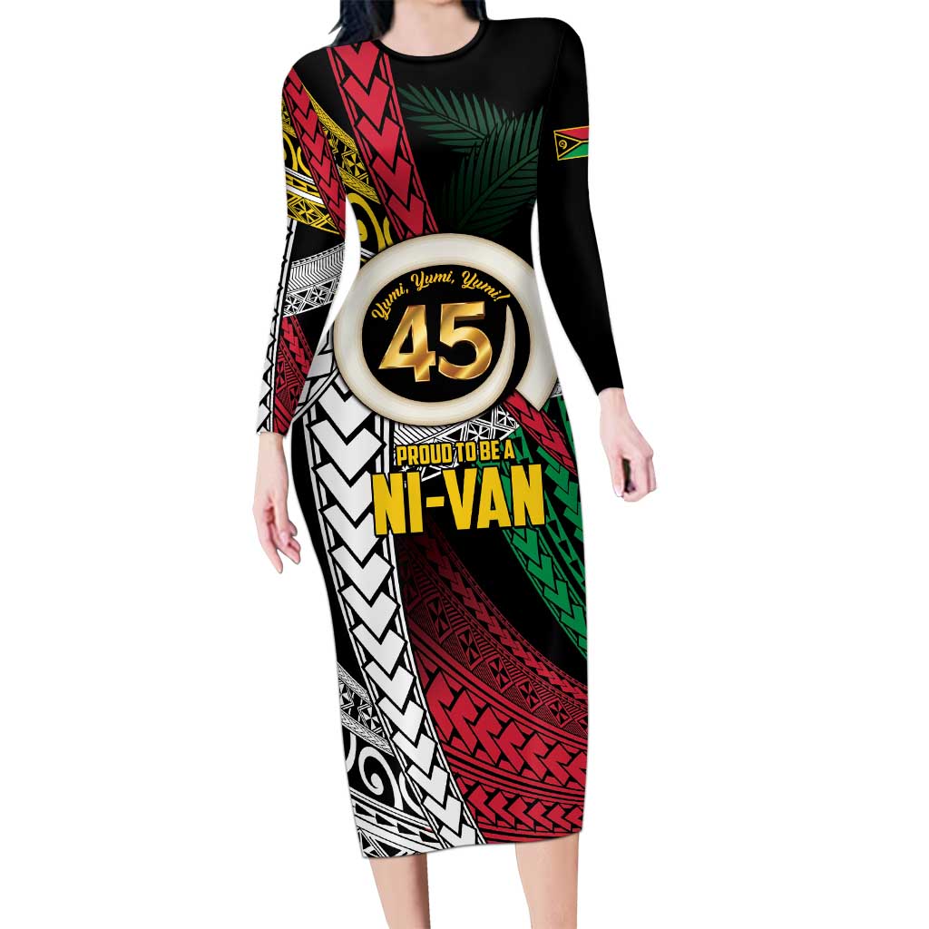 Ni-Van Vanuatu 45th Yumi Yumi Yumi Long Sleeve Bodycon Dress Vanuatuan Boar Tusk Polynesian Pattern LT9 Long Dress Black - Polynesian Pride