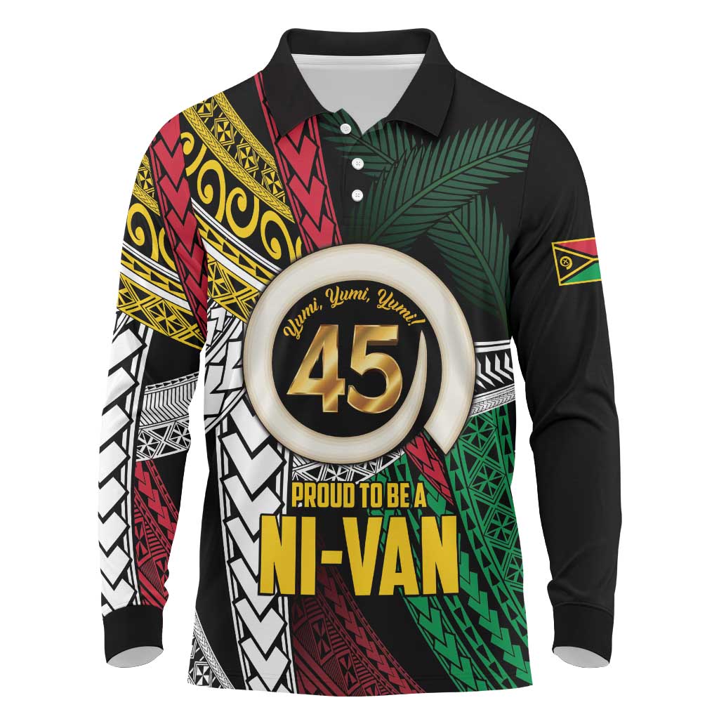Ni-Van Vanuatu 45th Yumi Yumi Yumi Long Sleeve Polo Shirt Vanuatuan Boar Tusk Polynesian Pattern LT9 Black - Polynesian Pride