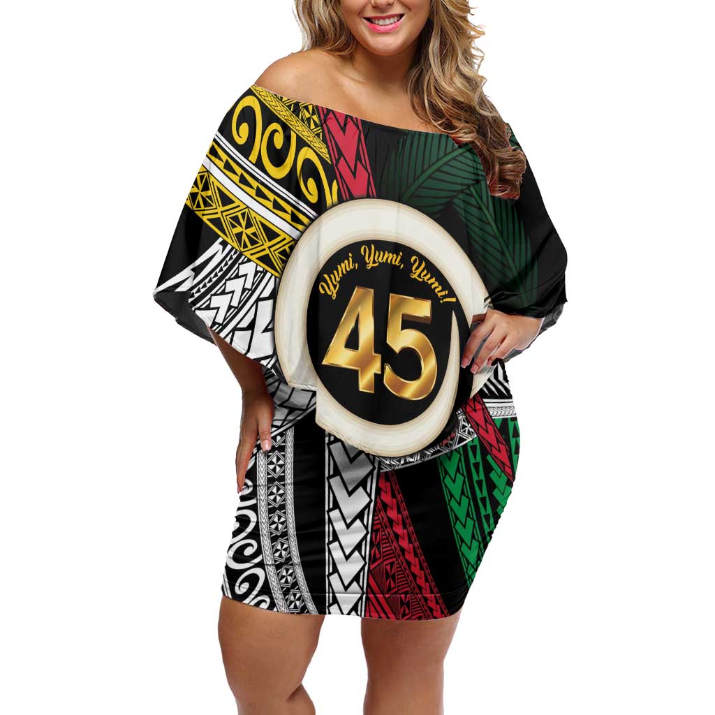 Ni-Van Vanuatu 45th Yumi Yumi Yumi Off Shoulder Short Dress Vanuatuan Boar Tusk Polynesian Pattern LT9 Women Black - Polynesian Pride