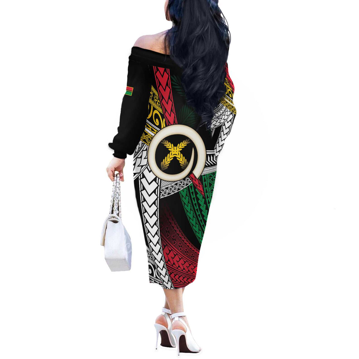 Ni-Van Vanuatu 45th Yumi Yumi Yumi Off The Shoulder Long Sleeve Dress Vanuatuan Boar Tusk Polynesian Pattern LT9 - Polynesian Pride