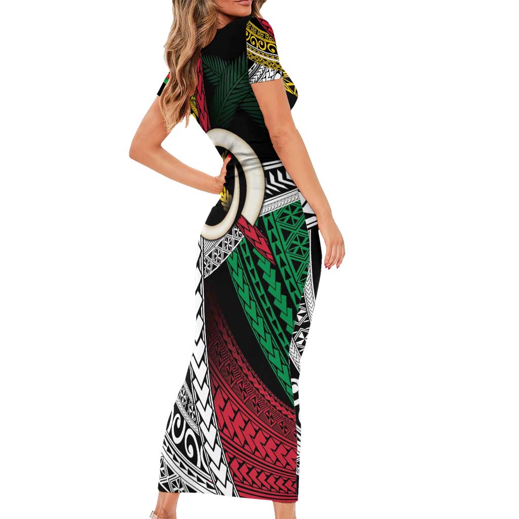 Ni-Van Vanuatu 45th Yumi Yumi Yumi Short Sleeve Bodycon Dress Vanuatuan Boar Tusk Polynesian Pattern LT9 - Polynesian Pride