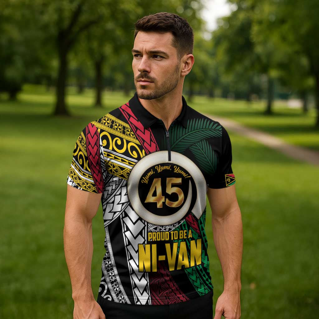 Ni-Van Vanuatu 45th Yumi Yumi Yumi Zipper Polo Shirt Vanuatuan Boar Tusk Polynesian Pattern LT9 - Polynesian Pride