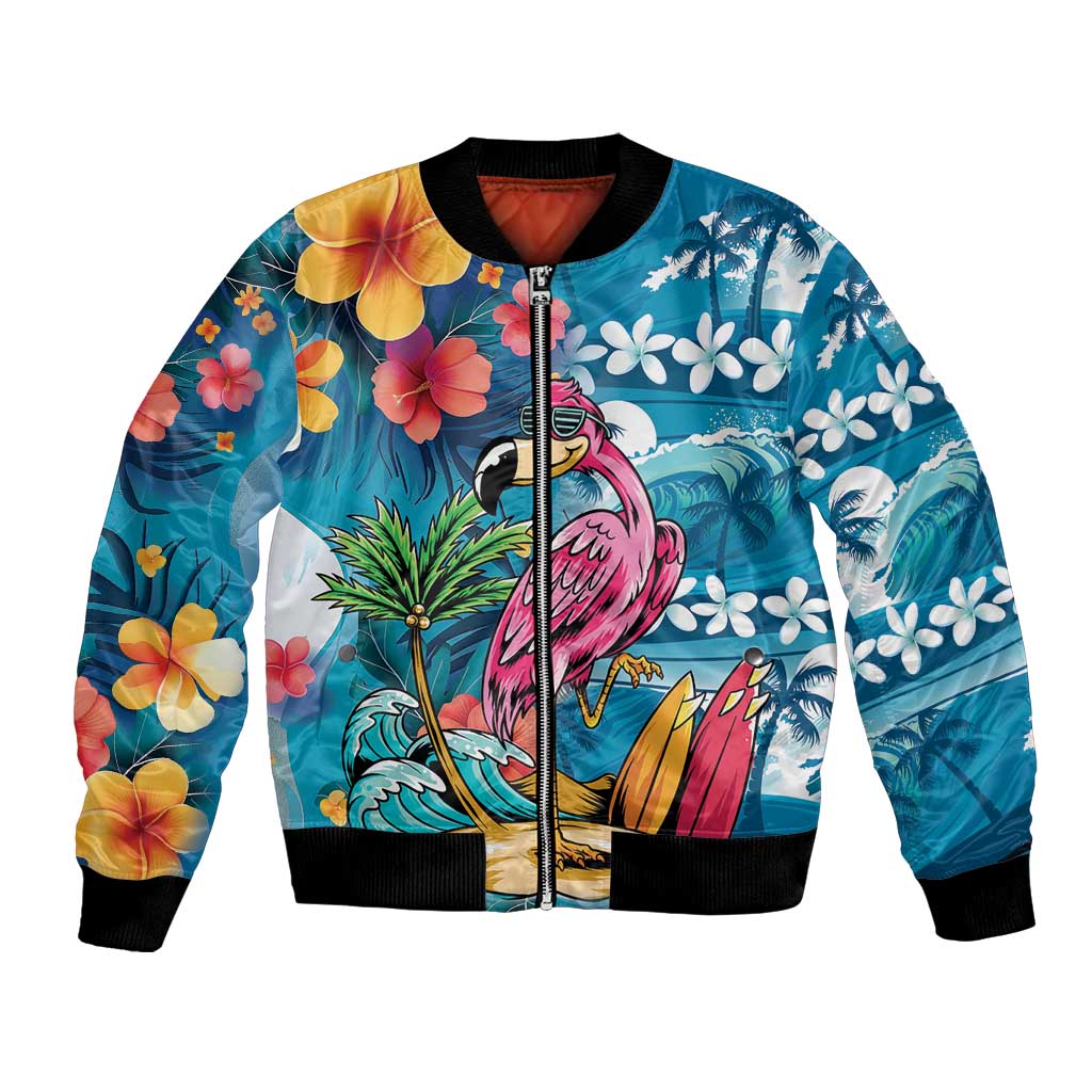 Hawaiian Flamingo Hibiscus Personalised Bomber Jacket Blue Summer Tropical Flowers LT9 Unisex Blue - Polynesian Pride