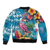 Hawaiian Flamingo Hibiscus Personalised Bomber Jacket Blue Summer Tropical Flowers LT9 - Polynesian Pride