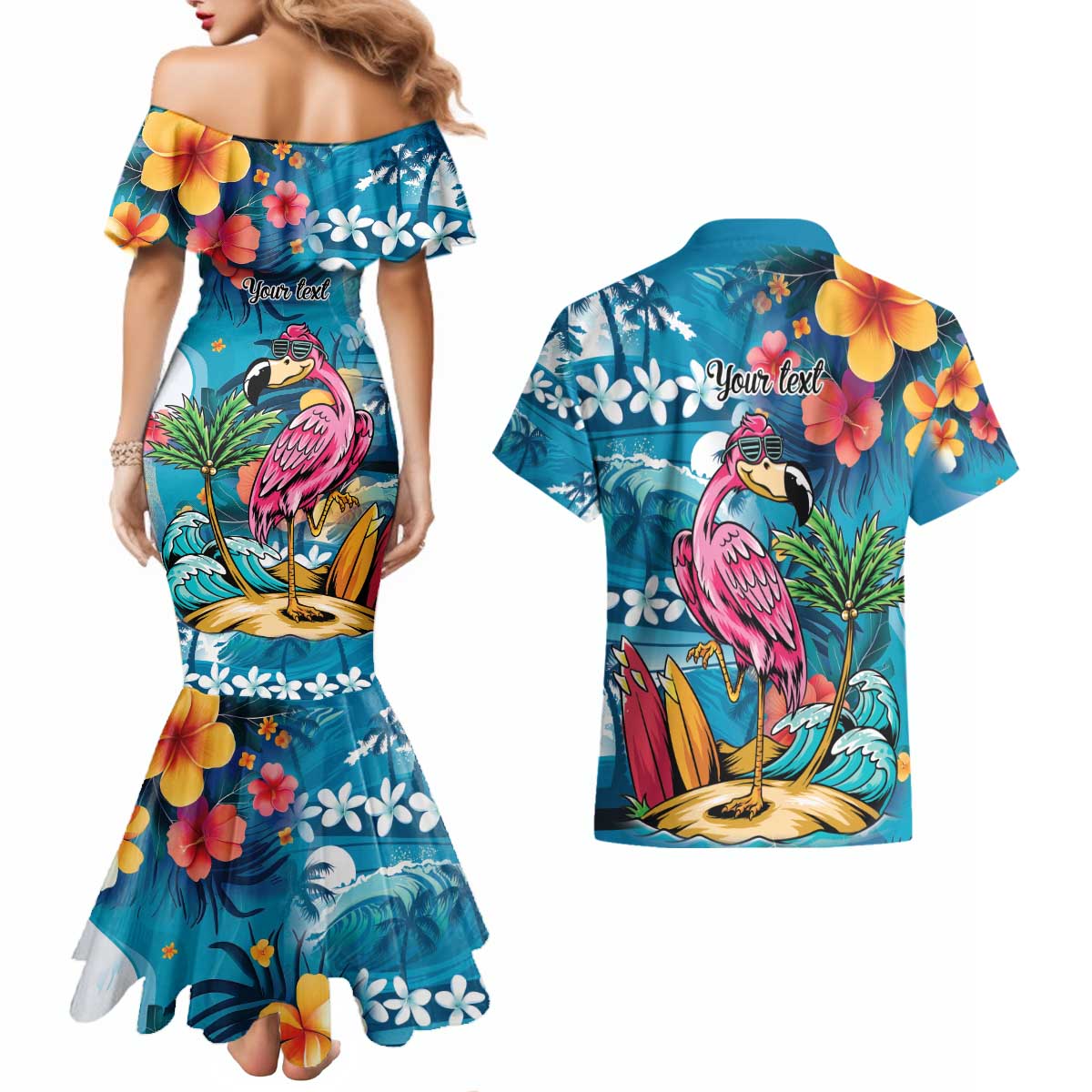 Hawaiian Flamingo Hibiscus Personalised Couples Matching Mermaid Dress and Hawaiian Shirt Blue Summer Tropical Flowers LT9 - Polynesian Pride