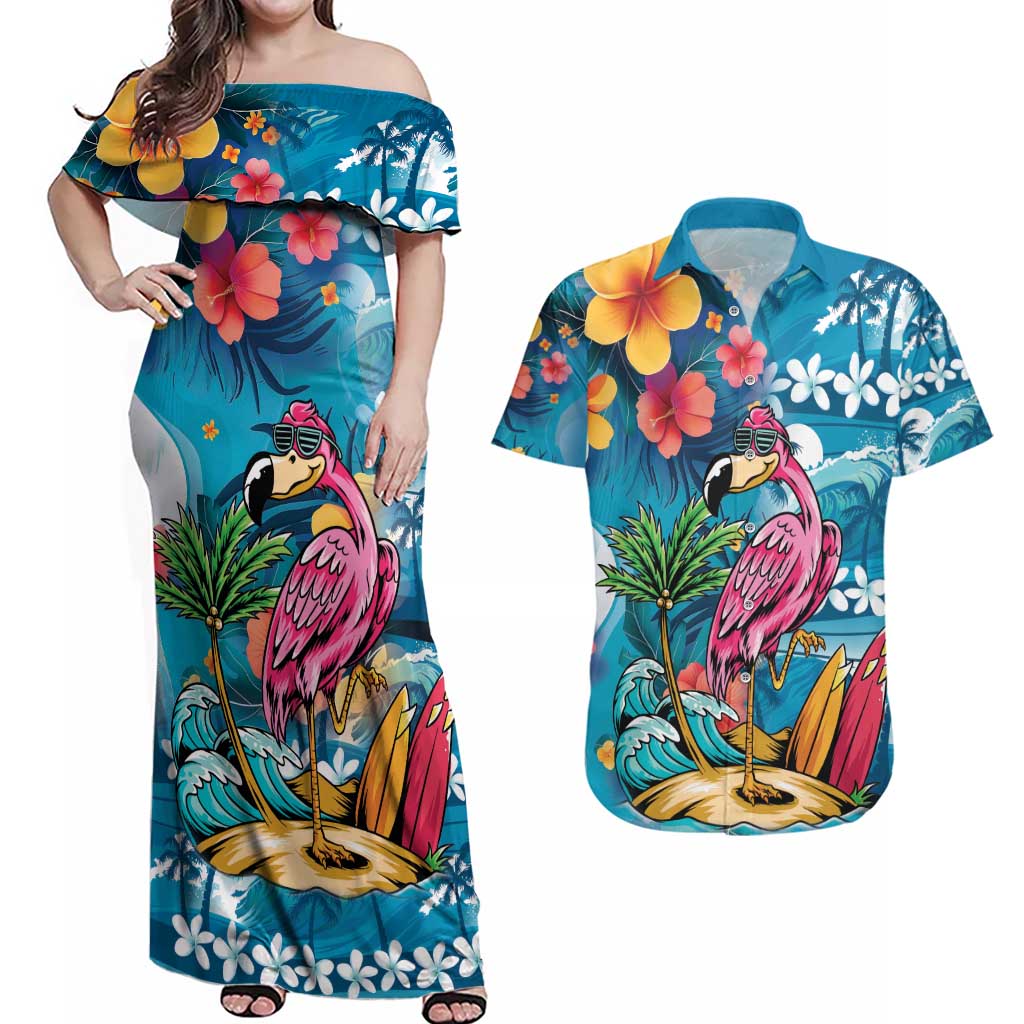 Hawaiian Flamingo Hibiscus Personalised Couples Matching Off Shoulder Maxi Dress and Hawaiian Shirt Blue Summer Tropical Flowers LT9 Blue - Polynesian Pride