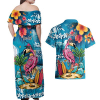 Hawaiian Flamingo Hibiscus Personalised Couples Matching Off Shoulder Maxi Dress and Hawaiian Shirt Blue Summer Tropical Flowers LT9 - Polynesian Pride