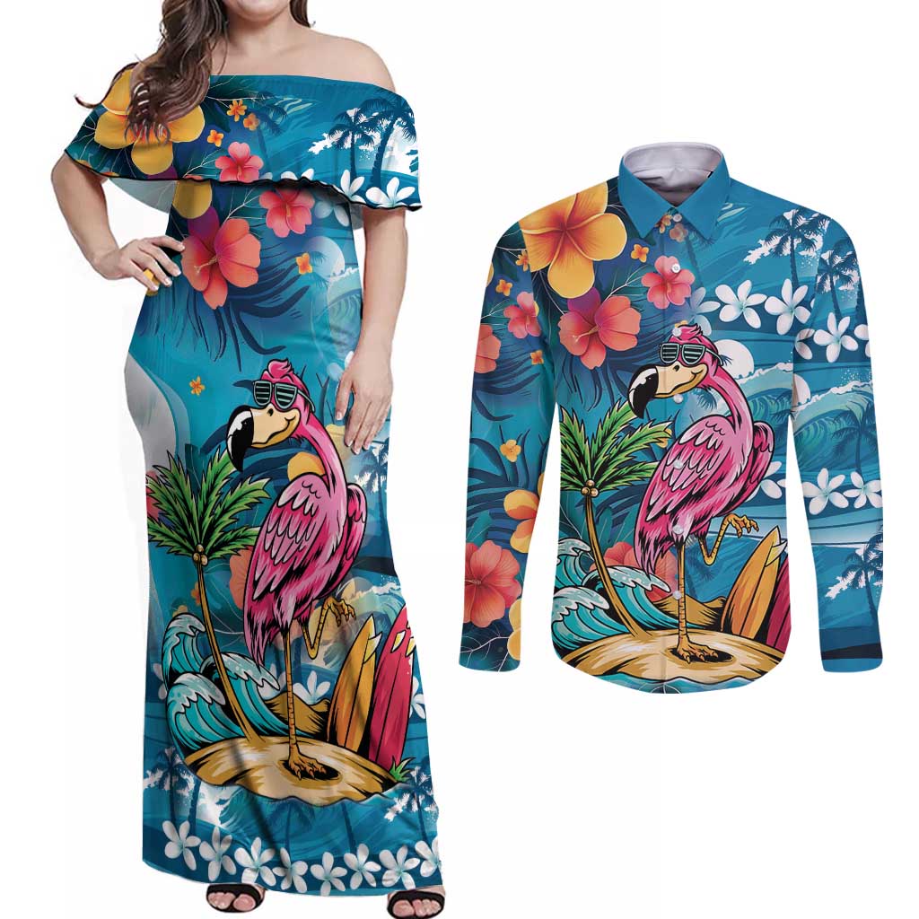 Hawaiian Flamingo Hibiscus Personalised Couples Matching Off Shoulder Maxi Dress and Long Sleeve Button Shirt Blue Summer Tropical Flowers LT9 Blue - Polynesian Pride