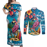 Hawaiian Flamingo Hibiscus Personalised Couples Matching Off Shoulder Maxi Dress and Long Sleeve Button Shirt Blue Summer Tropical Flowers LT9 Blue - Polynesian Pride