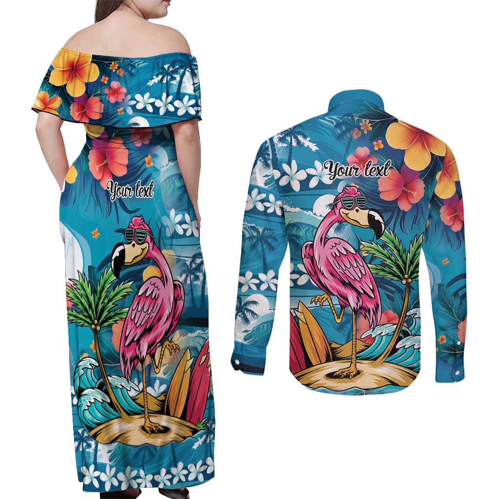 Hawaiian Flamingo Hibiscus Personalised Couples Matching Off Shoulder Maxi Dress and Long Sleeve Button Shirt Blue Summer Tropical Flowers LT9 - Polynesian Pride