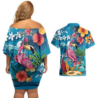 Hawaiian Flamingo Hibiscus Personalised Couples Matching Off Shoulder Short Dress and Hawaiian Shirt Blue Summer Tropical Flowers LT9 - Polynesian Pride