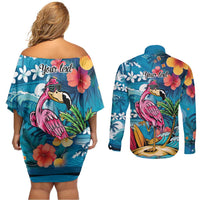 Hawaiian Flamingo Hibiscus Personalised Couples Matching Off Shoulder Short Dress and Long Sleeve Button Shirt Blue Summer Tropical Flowers LT9 - Polynesian Pride