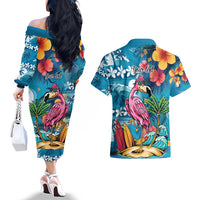 Hawaiian Flamingo Hibiscus Personalised Couples Matching Off The Shoulder Long Sleeve Dress and Hawaiian Shirt Blue Summer Tropical Flowers LT9 - Polynesian Pride
