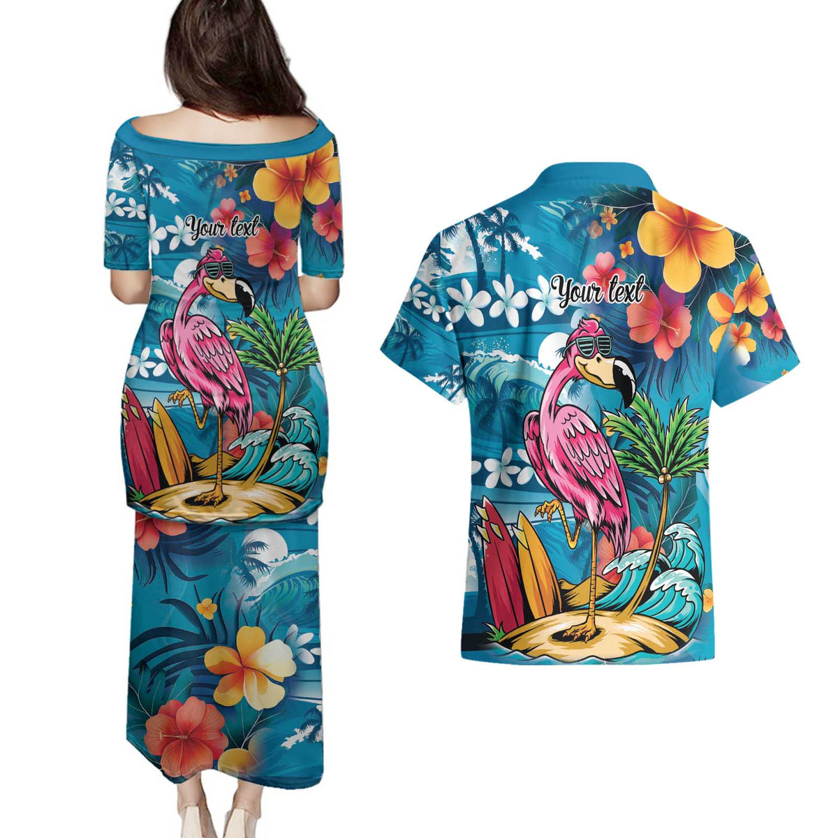 Hawaiian Flamingo Hibiscus Personalised Couples Matching Puletasi and Hawaiian Shirt Blue Summer Tropical Flowers LT9 - Polynesian Pride