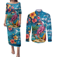 Hawaiian Flamingo Hibiscus Personalised Couples Matching Puletasi and Long Sleeve Button Shirt Blue Summer Tropical Flowers LT9 Blue - Polynesian Pride