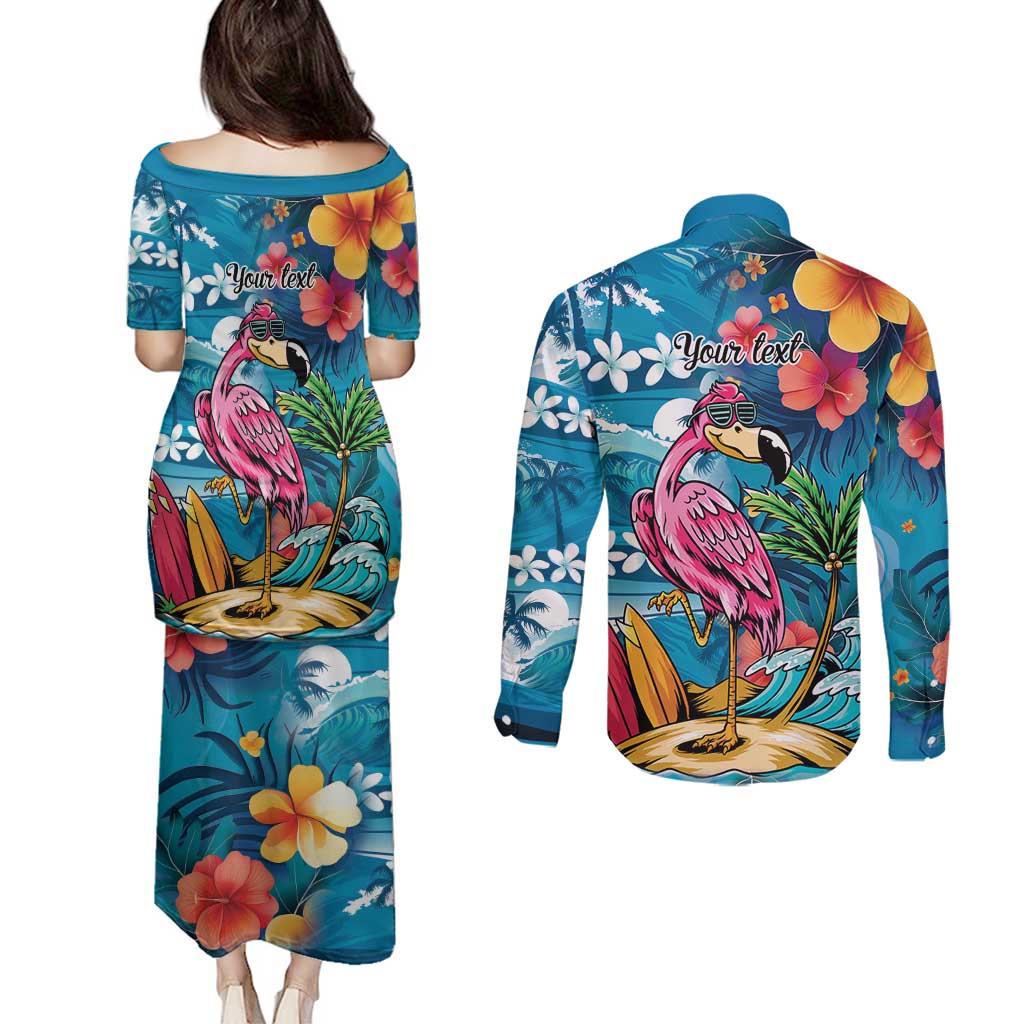 Hawaiian Flamingo Hibiscus Personalised Couples Matching Puletasi and Long Sleeve Button Shirt Blue Summer Tropical Flowers LT9 - Polynesian Pride
