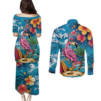 Hawaiian Flamingo Hibiscus Personalised Couples Matching Puletasi and Long Sleeve Button Shirt Blue Summer Tropical Flowers LT9 - Polynesian Pride