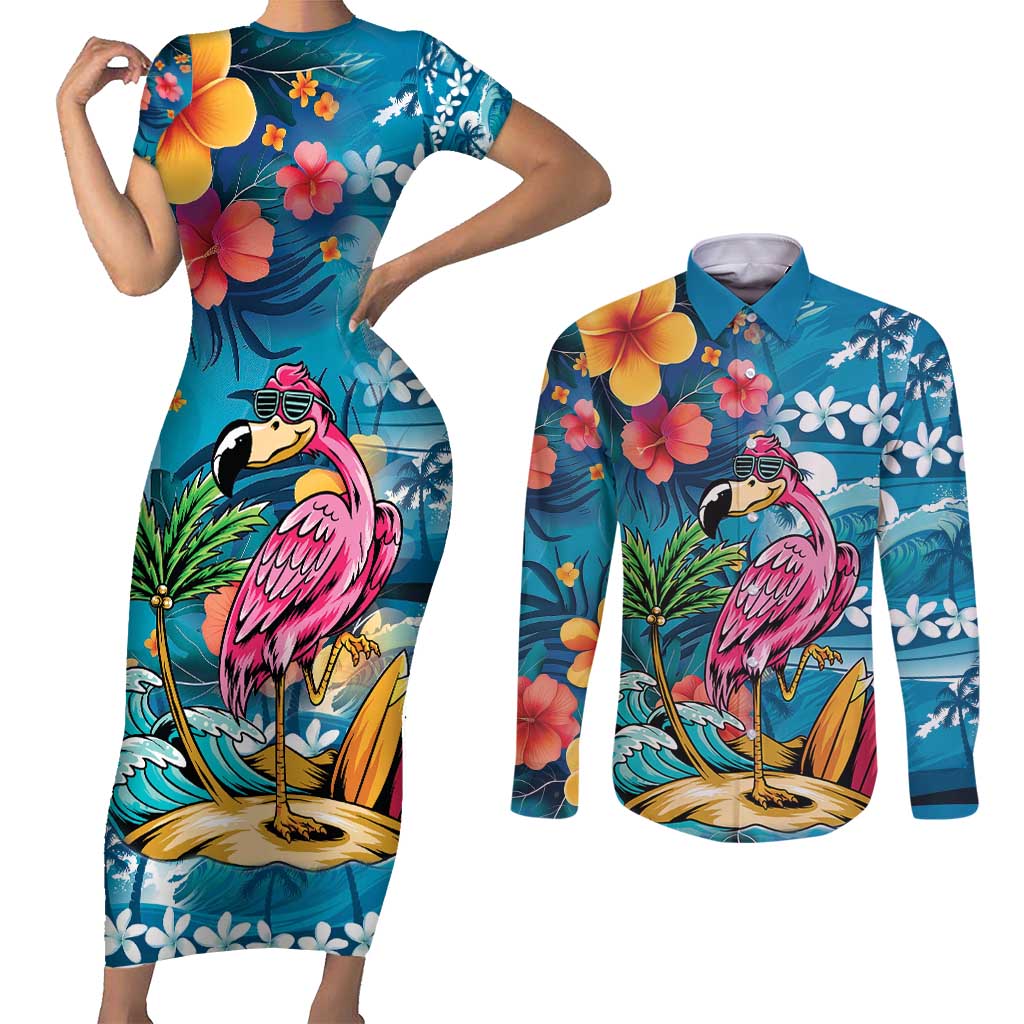 Hawaiian Flamingo Hibiscus Personalised Couples Matching Short Sleeve Bodycon Dress and Long Sleeve Button Shirt Blue Summer Tropical Flowers LT9 Blue - Polynesian Pride