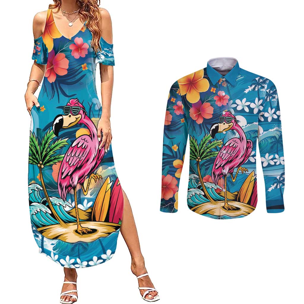 Hawaiian Flamingo Hibiscus Personalised Couples Matching Summer Maxi Dress and Long Sleeve Button Shirt Blue Summer Tropical Flowers LT9 Blue - Polynesian Pride