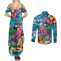 Hawaiian Flamingo Hibiscus Personalised Couples Matching Summer Maxi Dress and Long Sleeve Button Shirt Blue Summer Tropical Flowers LT9 - Polynesian Pride