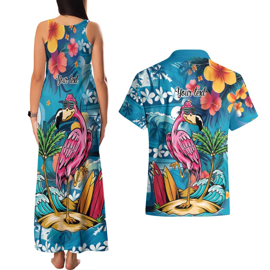 Hawaiian Flamingo Hibiscus Personalised Couples Matching Tank Maxi Dress and Hawaiian Shirt Blue Summer Tropical Flowers LT9 - Polynesian Pride