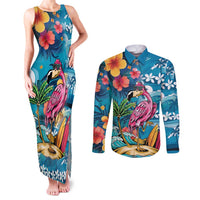 Hawaiian Flamingo Hibiscus Personalised Couples Matching Tank Maxi Dress and Long Sleeve Button Shirt Blue Summer Tropical Flowers LT9 Blue - Polynesian Pride