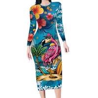 Hawaiian Flamingo Hibiscus Personalised Family Matching Long Sleeve Bodycon Dress and Hawaiian Shirt Blue Summer Tropical Flowers LT9 Mom's Dress Blue - Polynesian Pride