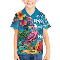 Hawaiian Flamingo Hibiscus Personalised Family Matching Long Sleeve Bodycon Dress and Hawaiian Shirt Blue Summer Tropical Flowers LT9 Son's Shirt Blue - Polynesian Pride