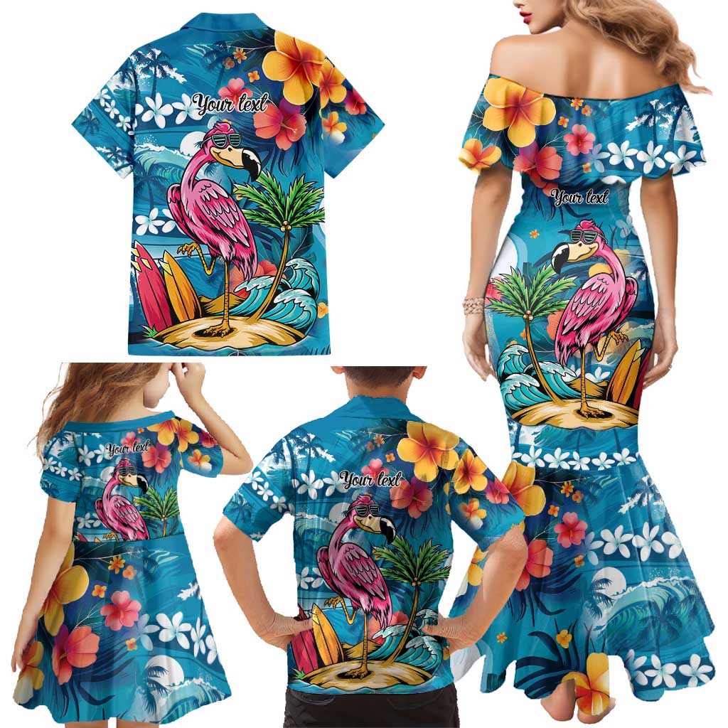 Hawaiian Flamingo Hibiscus Personalised Family Matching Mermaid Dress and Hawaiian Shirt Blue Summer Tropical Flowers LT9 - Polynesian Pride