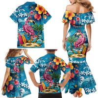 Hawaiian Flamingo Hibiscus Personalised Family Matching Mermaid Dress and Hawaiian Shirt Blue Summer Tropical Flowers LT9 - Polynesian Pride