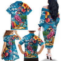 Hawaiian Flamingo Hibiscus Personalised Family Matching Off The Shoulder Long Sleeve Dress and Hawaiian Shirt Blue Summer Tropical Flowers LT9 - Polynesian Pride