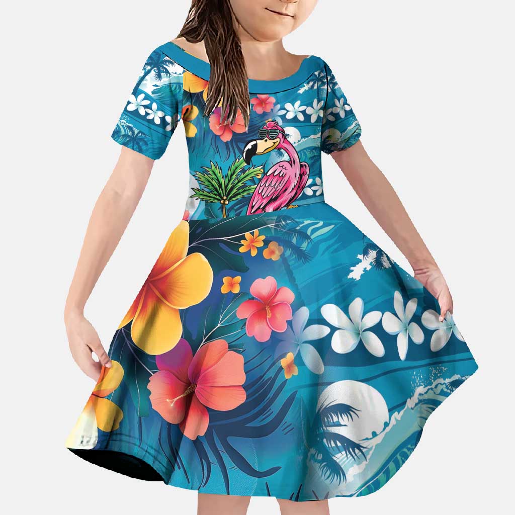 Hawaiian Flamingo Hibiscus Personalised Family Matching Off Shoulder Maxi Dress and Hawaiian Shirt Blue Summer Tropical Flowers LT9 Daughter's Dress Blue - Polynesian Pride