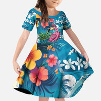 Hawaiian Flamingo Hibiscus Personalised Family Matching Off Shoulder Maxi Dress and Hawaiian Shirt Blue Summer Tropical Flowers LT9 Daughter's Dress Blue - Polynesian Pride