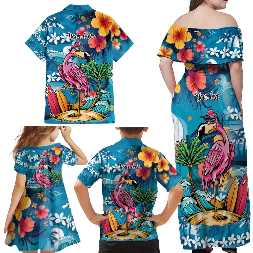 Hawaiian Flamingo Hibiscus Personalised Family Matching Off Shoulder Maxi Dress and Hawaiian Shirt Blue Summer Tropical Flowers LT9 - Polynesian Pride