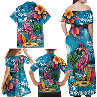 Hawaiian Flamingo Hibiscus Personalised Family Matching Off Shoulder Maxi Dress and Hawaiian Shirt Blue Summer Tropical Flowers LT9 - Polynesian Pride