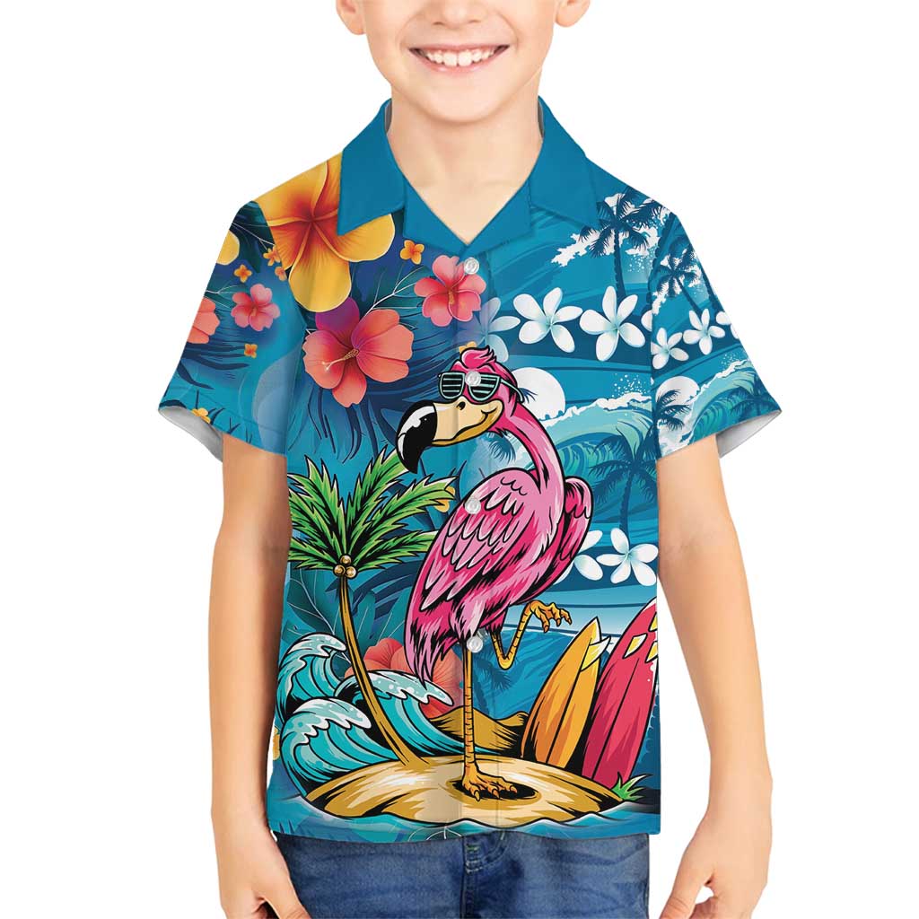 Hawaiian Flamingo Hibiscus Personalised Family Matching Off Shoulder Maxi Dress and Hawaiian Shirt Blue Summer Tropical Flowers LT9 Son's Shirt Blue - Polynesian Pride
