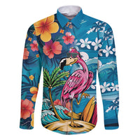 Hawaiian Flamingo Hibiscus Personalised Family Matching Puletasi and Hawaiian Shirt Blue Summer Tropical Flowers LT9 Dad's Shirt - Long Sleeve Blue - Polynesian Pride