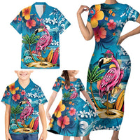 Hawaiian Flamingo Hibiscus Personalised Family Matching Short Sleeve Bodycon Dress and Hawaiian Shirt Blue Summer Tropical Flowers LT9 - Polynesian Pride