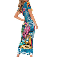 Hawaiian Flamingo Hibiscus Personalised Family Matching Short Sleeve Bodycon Dress and Hawaiian Shirt Blue Summer Tropical Flowers LT9 - Polynesian Pride