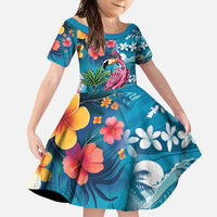 Hawaiian Flamingo Hibiscus Personalised Family Matching Summer Maxi Dress and Hawaiian Shirt Blue Summer Tropical Flowers LT9 Daughter's Dress Blue - Polynesian Pride