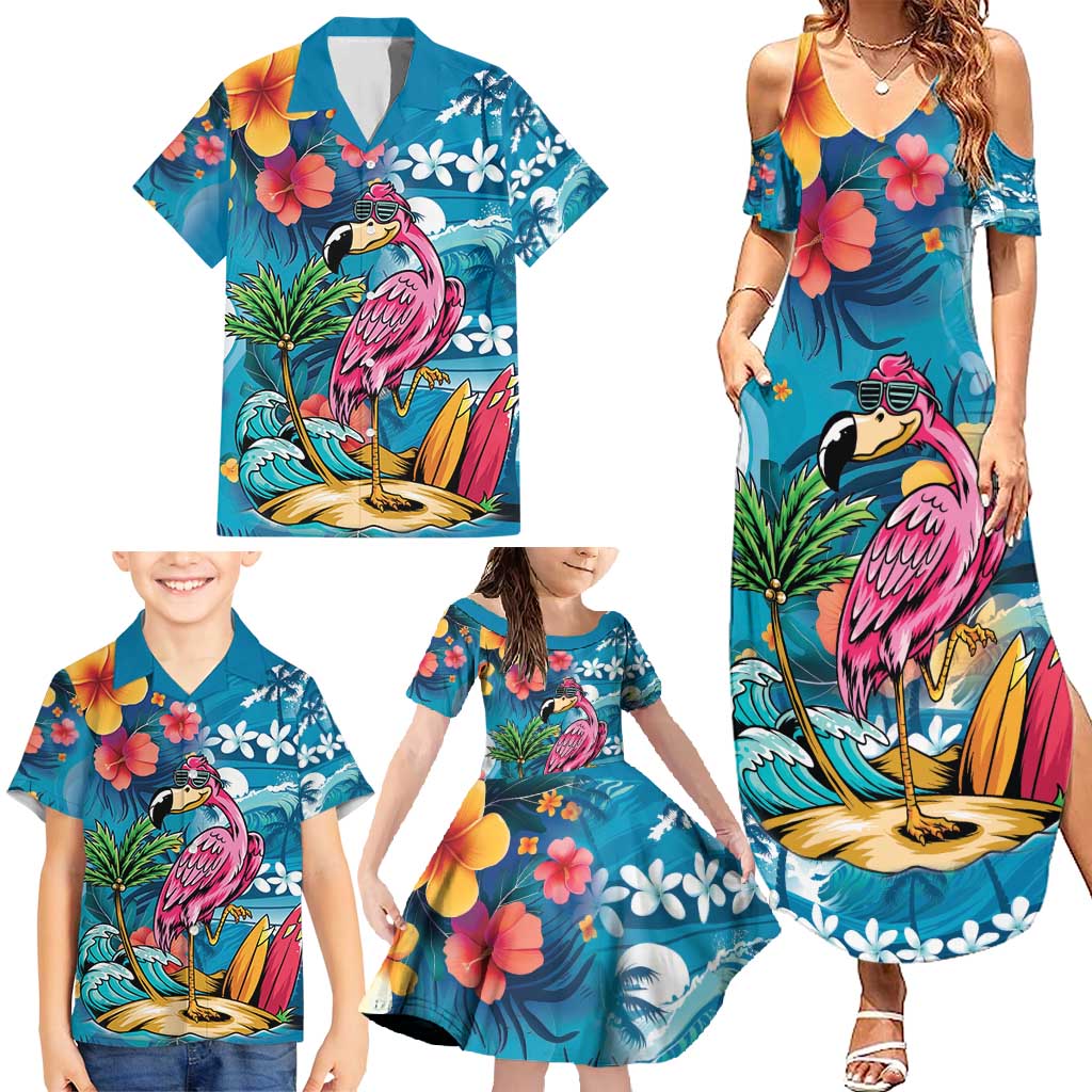 Hawaiian Flamingo Hibiscus Personalised Family Matching Summer Maxi Dress and Hawaiian Shirt Blue Summer Tropical Flowers LT9 - Polynesian Pride