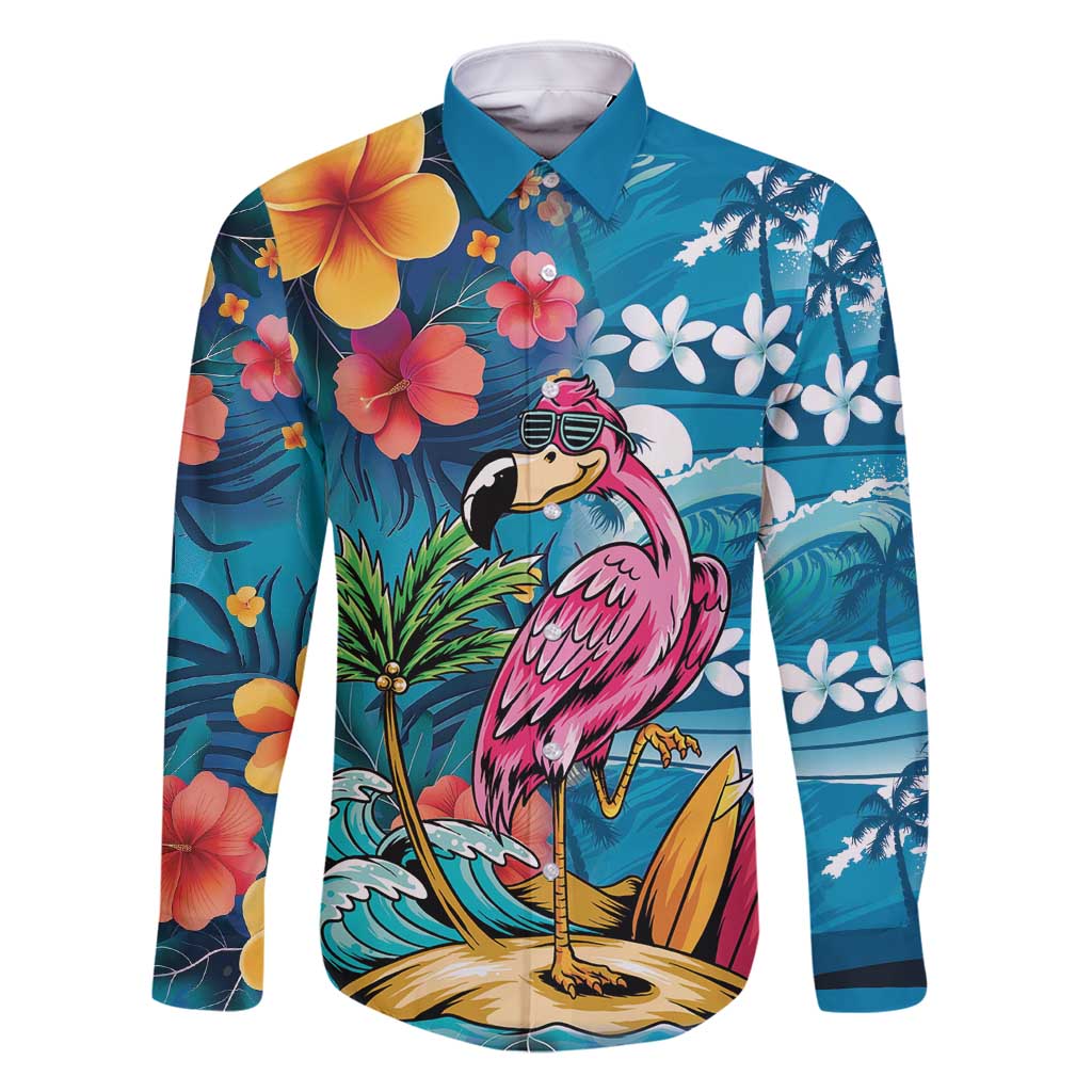 Hawaiian Flamingo Hibiscus Personalised Family Matching Summer Maxi Dress and Hawaiian Shirt Blue Summer Tropical Flowers LT9 Dad's Shirt - Long Sleeve Blue - Polynesian Pride