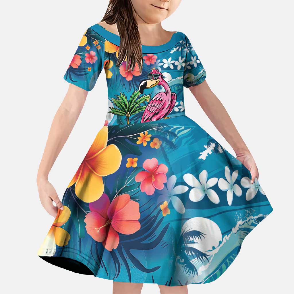 Hawaiian Flamingo Hibiscus Personalised Family Matching Tank Maxi Dress and Hawaiian Shirt Blue Summer Tropical Flowers LT9 Daughter's Dress Blue - Polynesian Pride